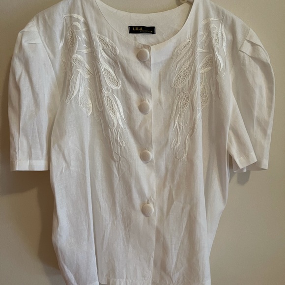 Lila Collection Tops - *SOLD* Lila Collection Linen Shirt Embroidered Detail